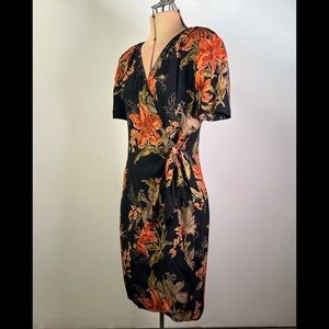 Floral Wrap Dress - Black and Orange
